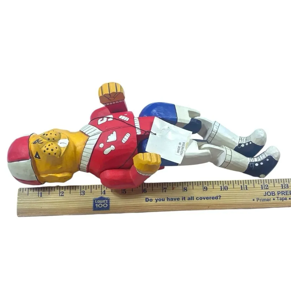 Vintage 90s Wooden Handmade Toy Dog Shelf Sitter 14” Letterman Jacket Baseball